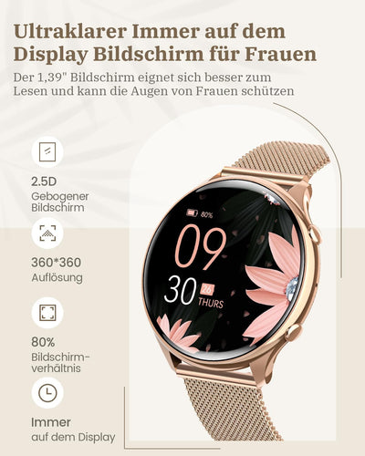 RUXINGX Smartwatch Damen mit Telefonfunktion, HD Voll Touchscreen, Fitness Tracker mit 120 Sportmodi