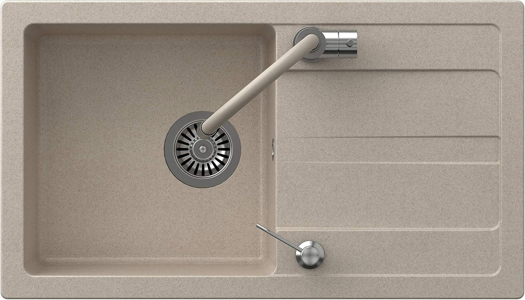 VBChome Spülbecken mit Armatur 77 x 44 cm Beige Granit Einzelbecken Einbauspüle Abtroffläche gespren
