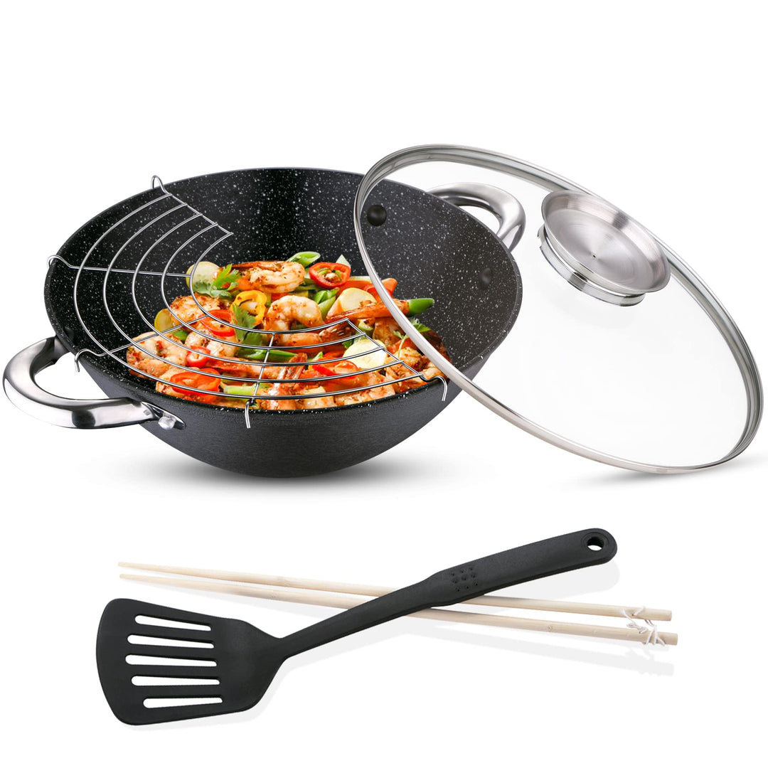 Renberg - Wasabi Wok Gusseiserne Wokpfanne 28cm| Mit Marmorbeschichtung| Mit Glasdeckel| Mit Nylonsp