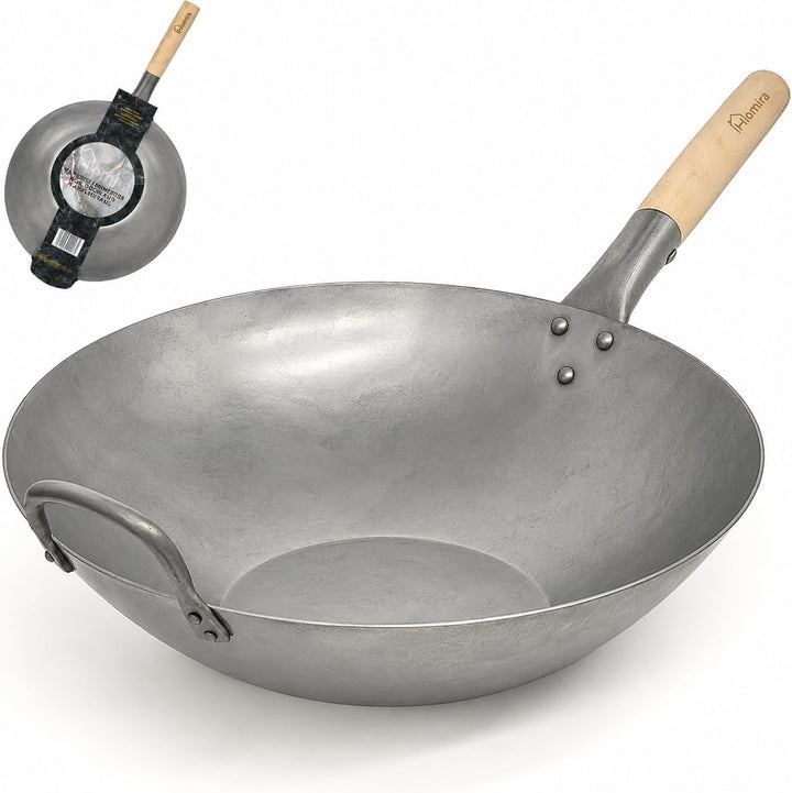 Homira Wok 36 cm handgehämmert aus Karbonstahl mit flachem Boden und Holzgriff – traditionelle PFAS-