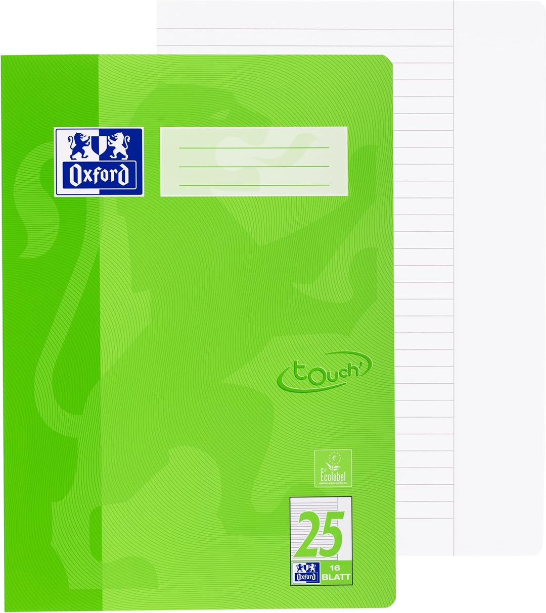 Oxford Schulheft A4, Touch, 16 Blatt, Lineatur 25, liniert, 15 Stück grassgrün L 25 - liniert mit Ra