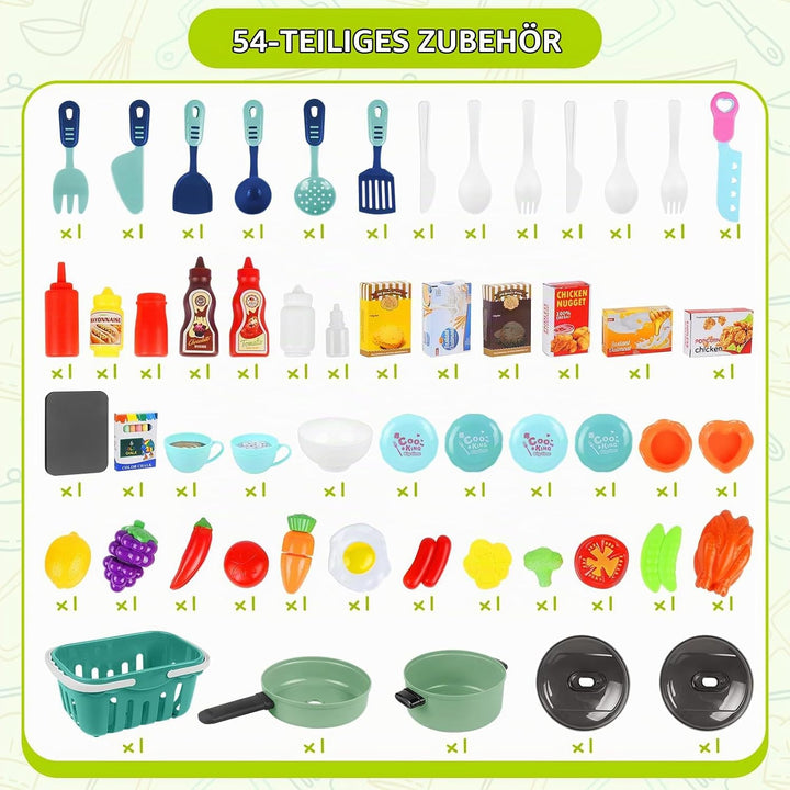 deAO Kinderküche Spielküche mit Wasserfunktion &amp; Dampf, 54 Stck. Höhenverstellbar Küchenspielset mit