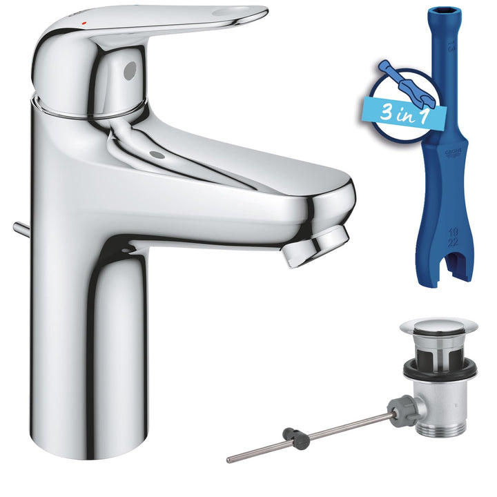 GROHE Swift - Waschtischarmatur (wassersparend, ~18cm hoch, inkl. Montagewerkzeug, Zugstange), chrom