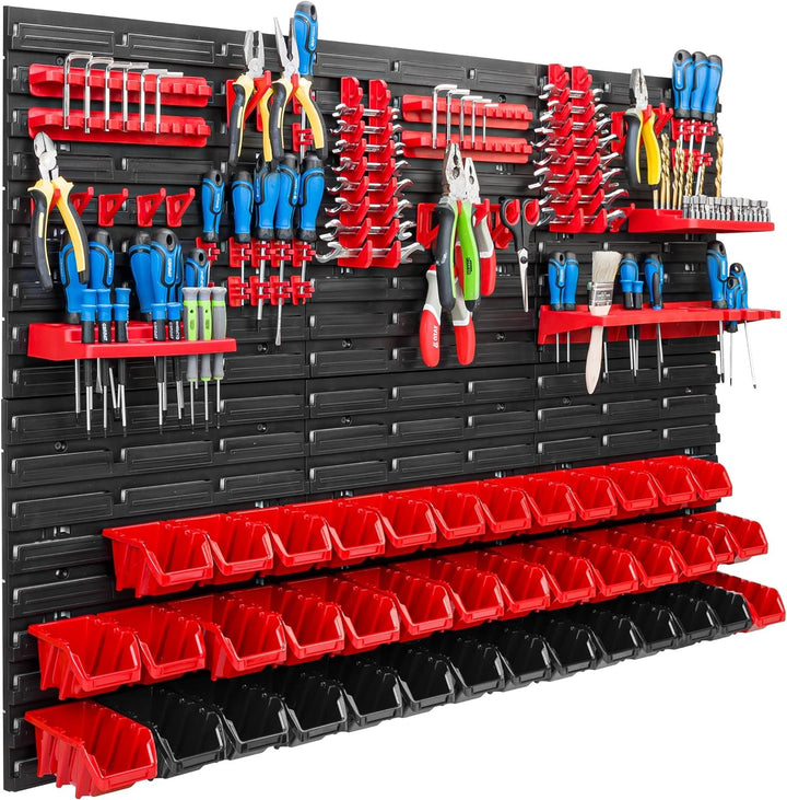 Lagersystem Werkstattregal | 117 x 78 cm | 40 stck. Box | Wandregal mit Werkzeughalterungen und Stap