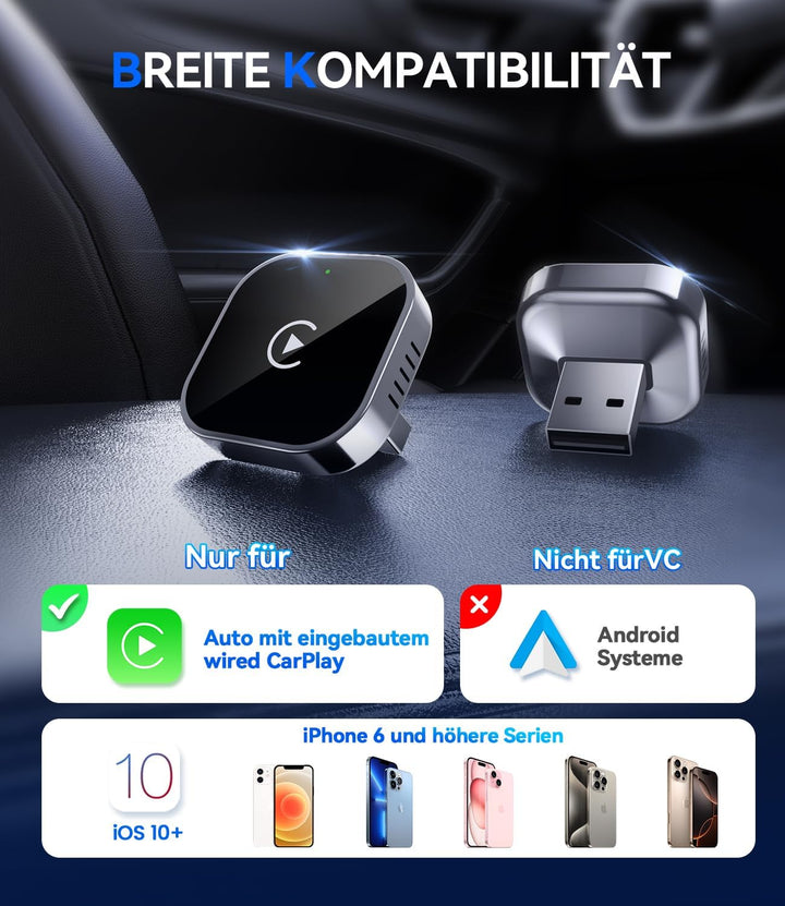 Wireless CarPlay Adapter Mini Plug &amp; Play Stabile ohne Verzögerung | Upgrade von Wired CarPlay auf W