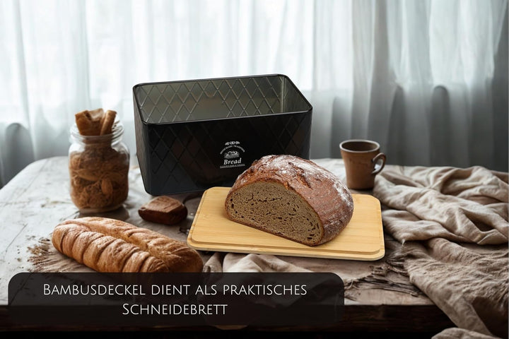 Brotkasten - Rustic Breadvault Black, aus Metall mit Deckel aus FSC® Bambus, schöne & rustikale Brot