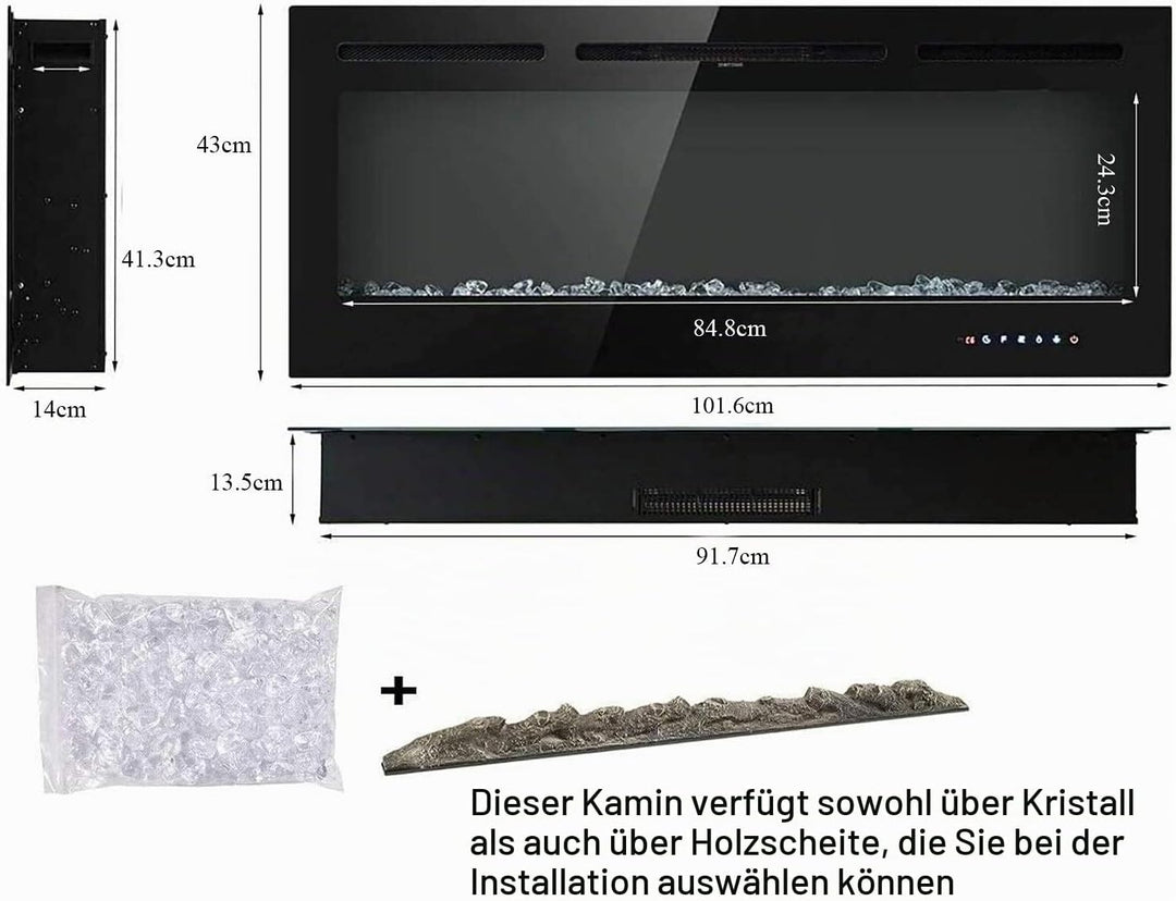 M.C.Haus Elektrischer Kamin, Touchscreen, Glasplatte, Bunte Flamme, Einsatz, Wandmontage, Heizung, F