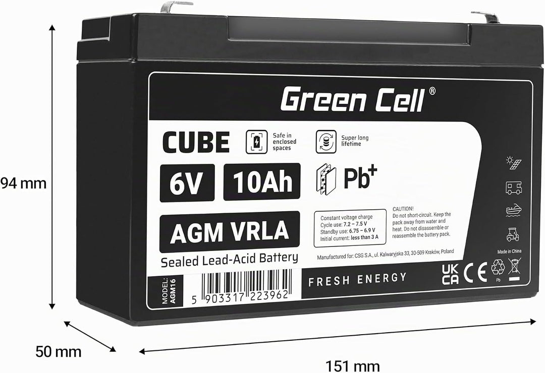 Green Cell® AGM 6V 10Ah Akku Vlies Batterie VRLA Blei Batterie Bleiakku Ersatzakku Akkubatterie Vers
