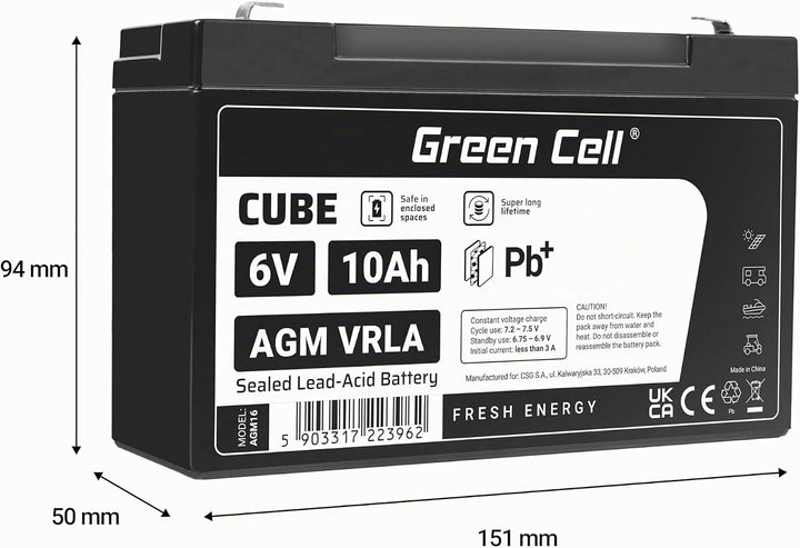 Green Cell® AGM 6V 10Ah Akku Vlies Batterie VRLA Blei Batterie Bleiakku Ersatzakku Akkubatterie Vers