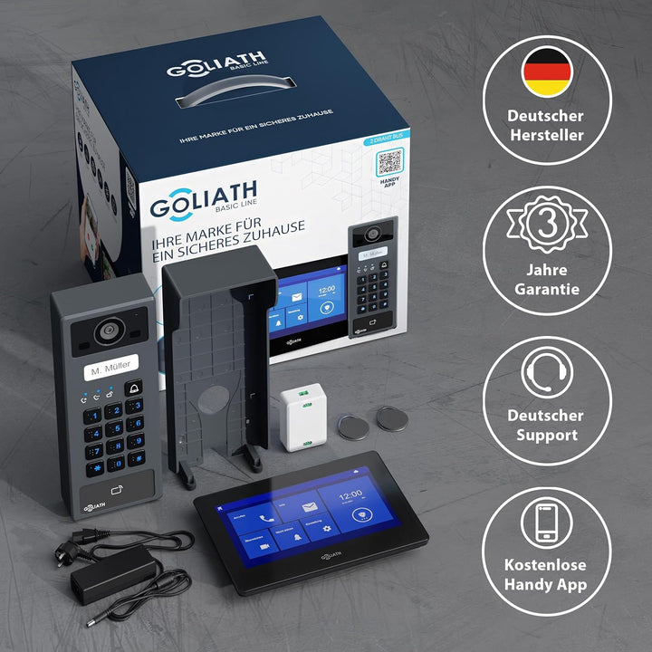 GOLIATH Basic 2-Draht Bus Video-Türsprechanlage, Full-HD, App-Steuerung, 7" Monitor in Schwarz, RFID
