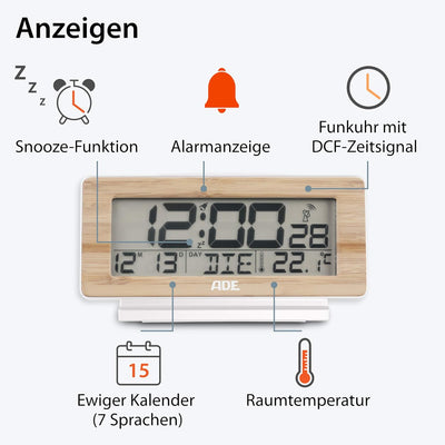 ADE Funkwecker digital mit Batterie | Tischuhr mit Temperaturanzeige und Kalender | Gehäusefront aus