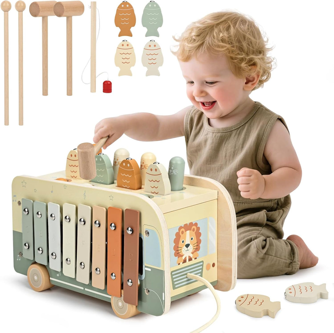 Vanplay Montessori Spielzeug ab 1 Jahr, 7 in 1 Hammerspiel Angelspiel Magnet Holzspielzeug Motoriksp
