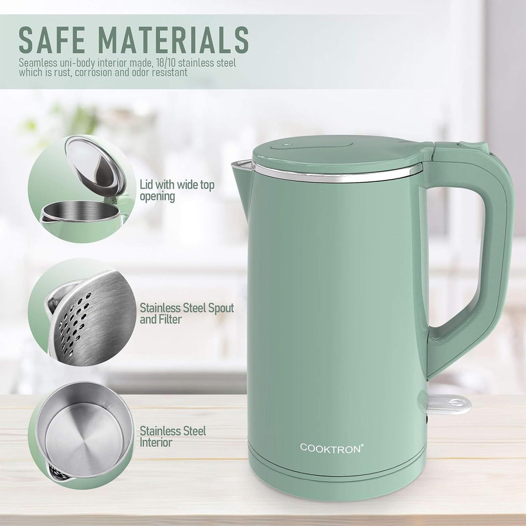 Cooktron Leiser Wasserkocher, Wasserkocher Edelstahl 1,7L, Extra Leise, 1.7 Liter Grün
