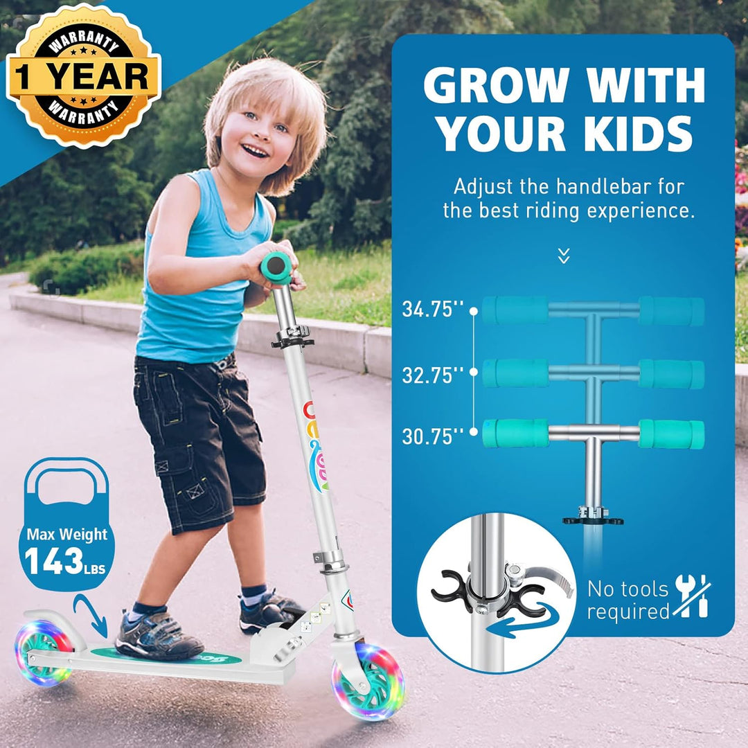 BELEEV Roller Kinder 2 Räder, Klappbar Kinderroller für Mädchen Jungen, Tretroller mit LED Leuchtend