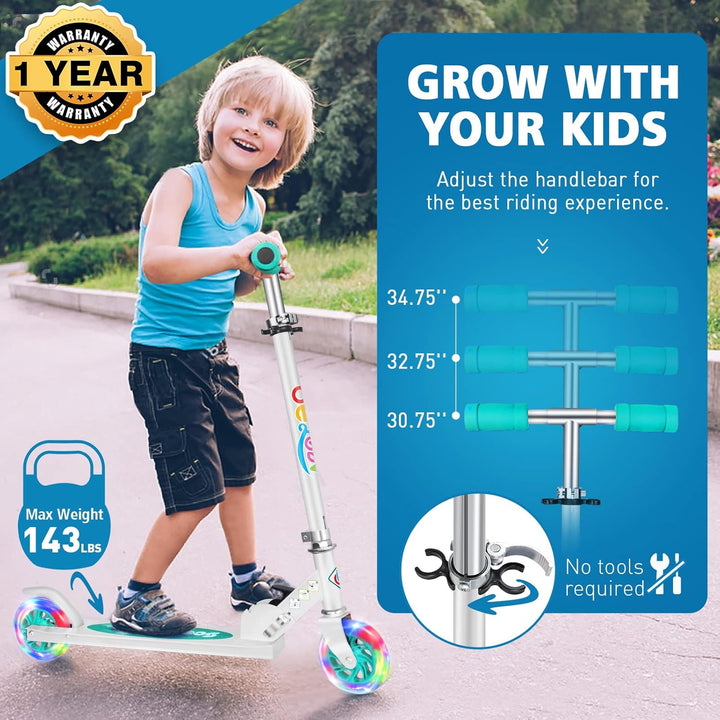 BELEEV Roller Kinder 2 Räder, Klappbar Kinderroller für Mädchen Jungen, Tretroller mit LED Leuchtend