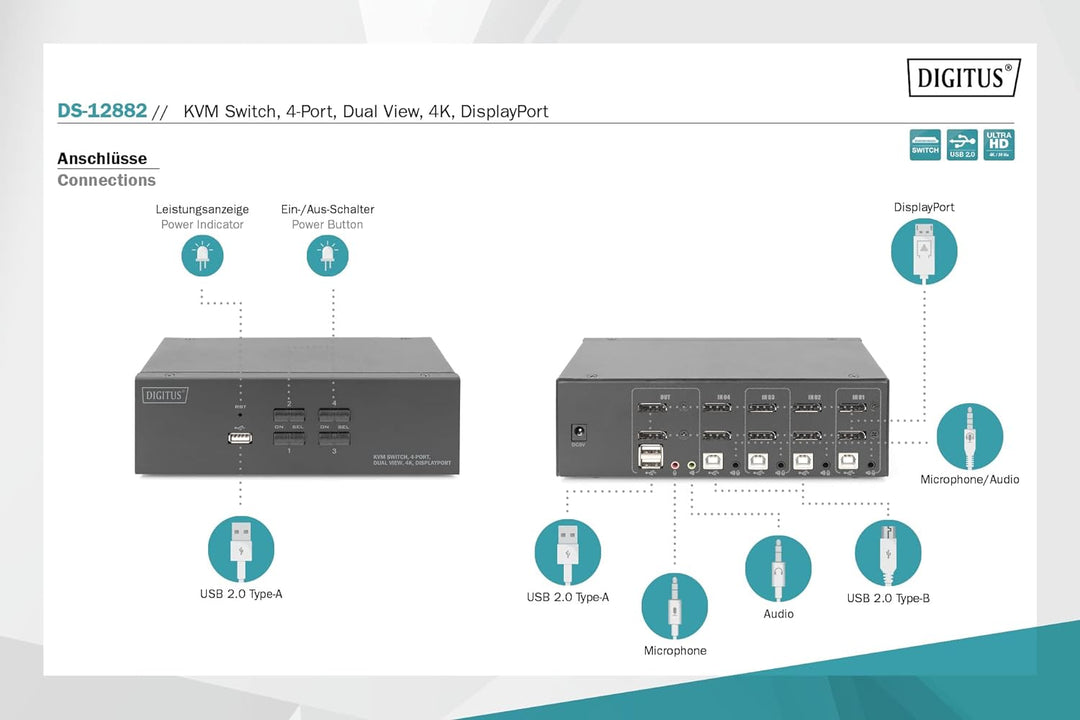 DIGITUS KVM-Switch DisplayPort – 4-Port Dual-Display – 4 PC 2 Monitore – 1x Maus, Tastatur & Audio f