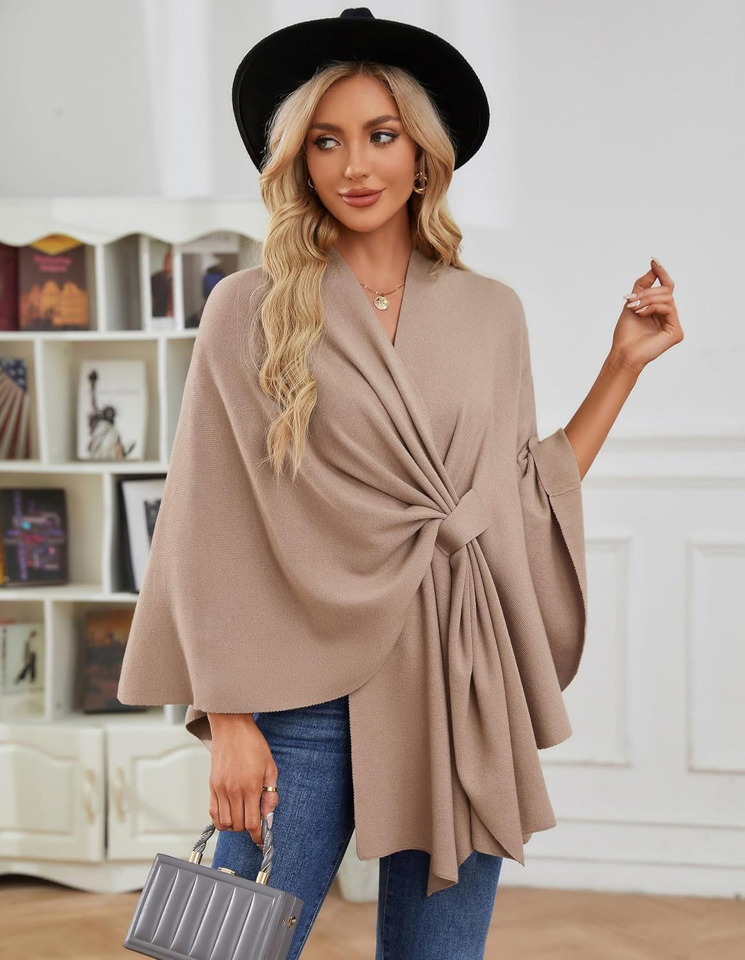 PULI Damen Elegant Poncho Strick Ponchos Capes Vorne öffnen Vielseitige Schalwickel mit Lasche Bräun