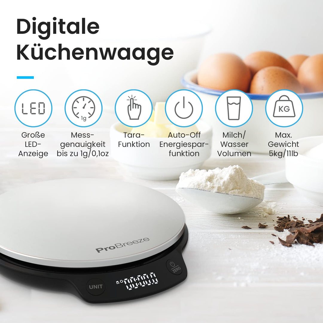 Pro Breeze Küchenwaage digital bis 5 Kg - Professionelle Digitalwaage für präzise Messgenauigkeit bi