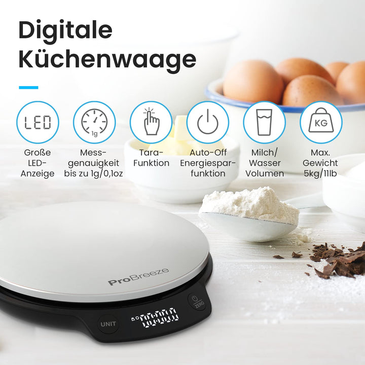 Pro Breeze Küchenwaage digital bis 5 Kg - Professionelle Digitalwaage für präzise Messgenauigkeit bi