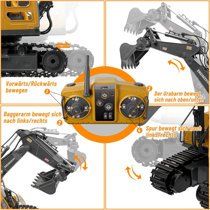 kolegend 3-in-1 Ferngesteuerter Bagger, 14-Kanal RC Bagger Spielzeug mit DREI Metallköpfen, 680° Dre