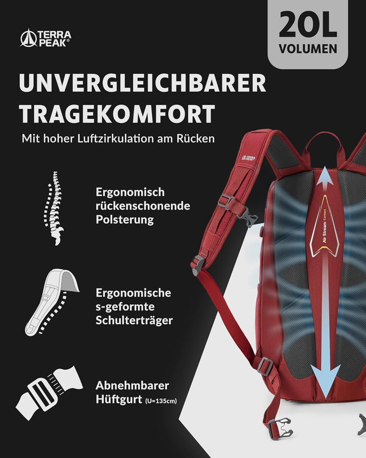 Terra Peak® Premium Wanderrucksack 20L (FLEX 20) klein mit Rückenbelüftung, Regenschutz &amp; Trinksyste