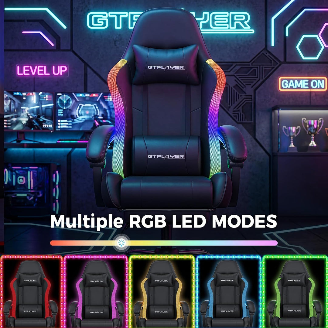 GTPLAYER Gaming Stuhl, Bürostuhl, Gaming Chair mit LED Lichtleiste und Massgefunktion, Gamer Stuhl,