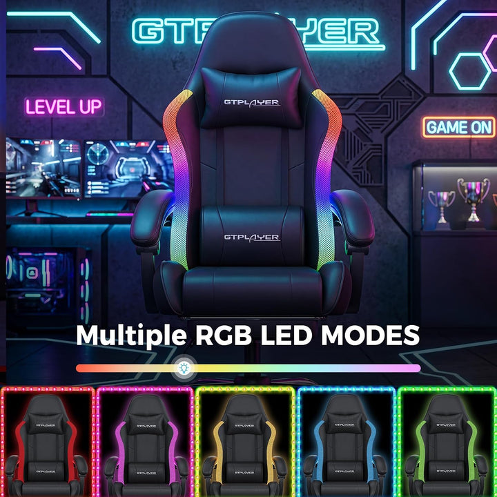 GTPLAYER Gaming Stuhl, Bürostuhl, Gaming Chair mit LED Lichtleiste und Massgefunktion, Gamer Stuhl,