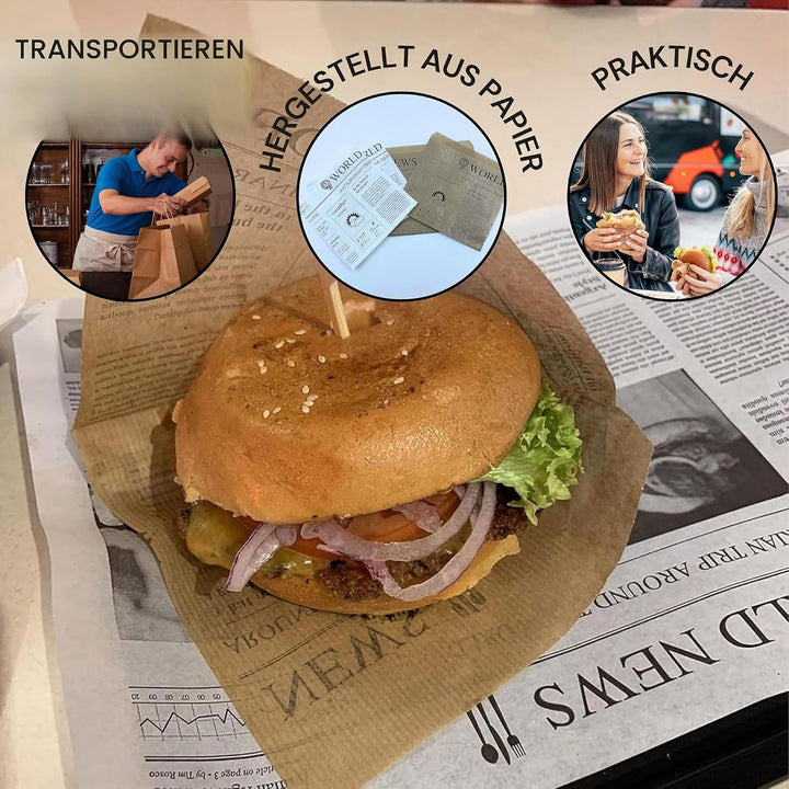 Snacktaschen/Hamburgertaschen Snackbeutel Newspaper aus Kraftpapier Hamburger-Tüten, 2-seitig offen