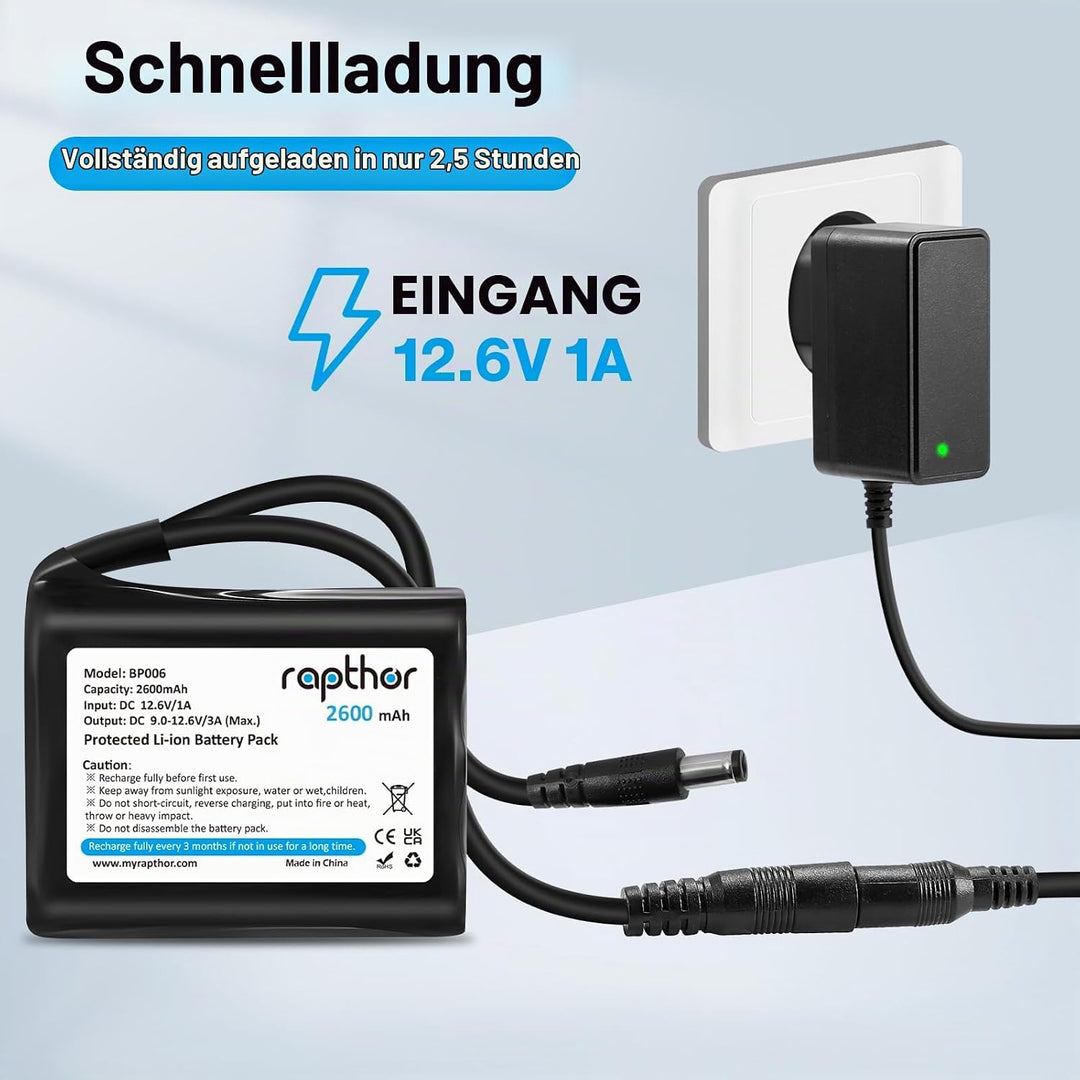 Rapthor Wiederaufladbarer 12V 2600mAh Lithium-Ionen-Akku mit Ladegerät, kompatibel mit 12V-Geräten,