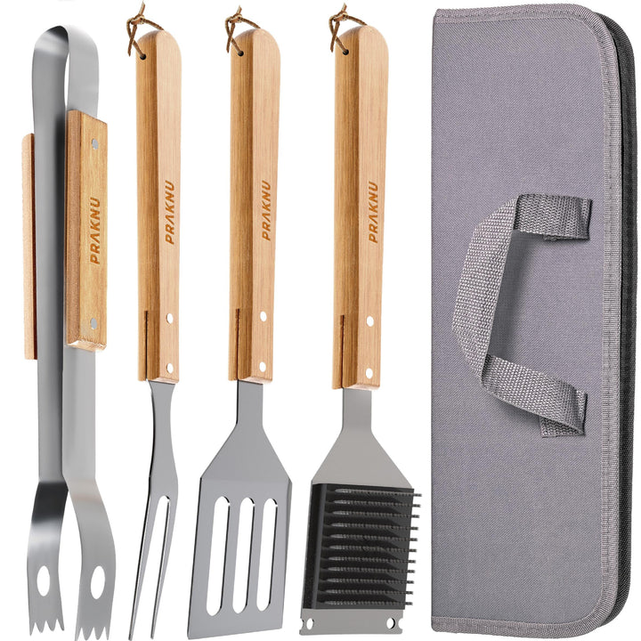 Praknu Grillbesteck Set mit Holzgriffen und Tragetasche - Hitzebeständig, Rostfrei und Robust - Gril