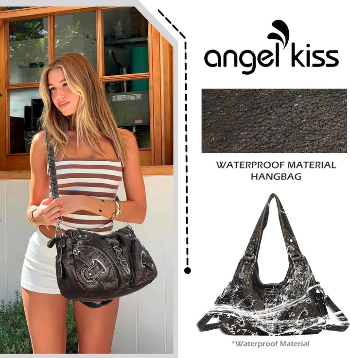 Angel Kiss Damen Schultertasche Hobo Tasche Umhängetaschen Schlusstaschen Henkeltaschen weiches PU L