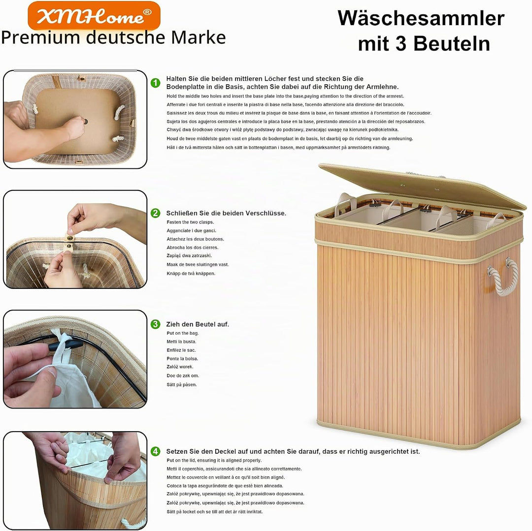 AdelDream Wäschekorb 150L Bambusoptik mit Deckel &amp; Griffen, 3-Fach Wäschesammler Faltbar, Wäschebox