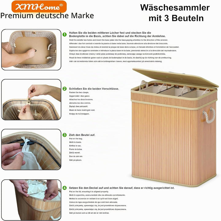 AdelDream Wäschekorb 150L Bambusoptik mit Deckel &amp; Griffen, 3-Fach Wäschesammler Faltbar, Wäschebox