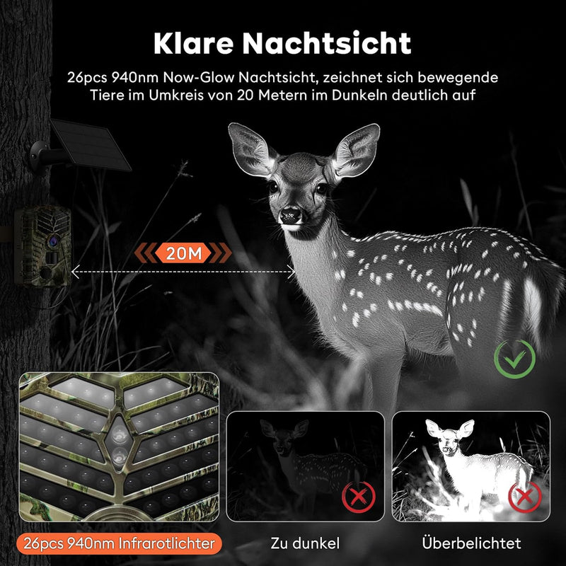 Solareye Wildkamera mit Handyübertragung App - 2,7K 48MP WLAN Wildtierkamera Solar mit Bewegungsmeld