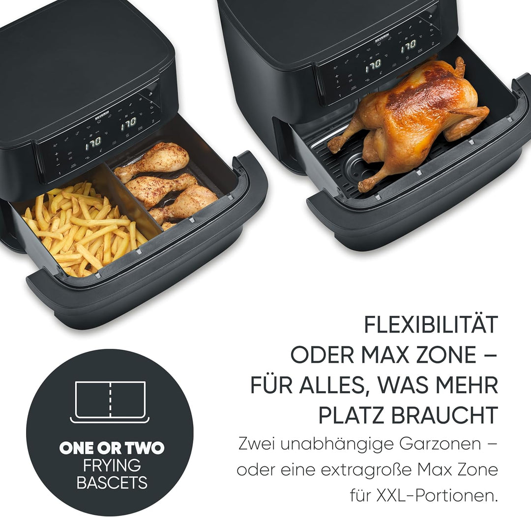 Severin Heissluftfritteuse Max Zone Flex, 9L oder 2x 4,5L, XXL Fritteuse, Kochen ohne Fett, 2 Garzon