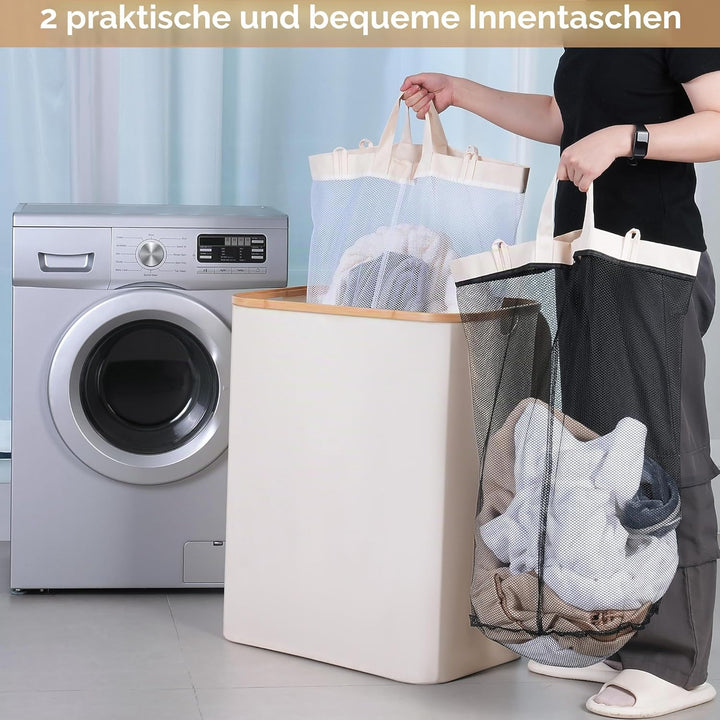 iEGrow Wäschekorb150L XL-Extra Gross 2 Fächer Wäschesammler mit Bambusgriff und Deckel, Laundry Bask