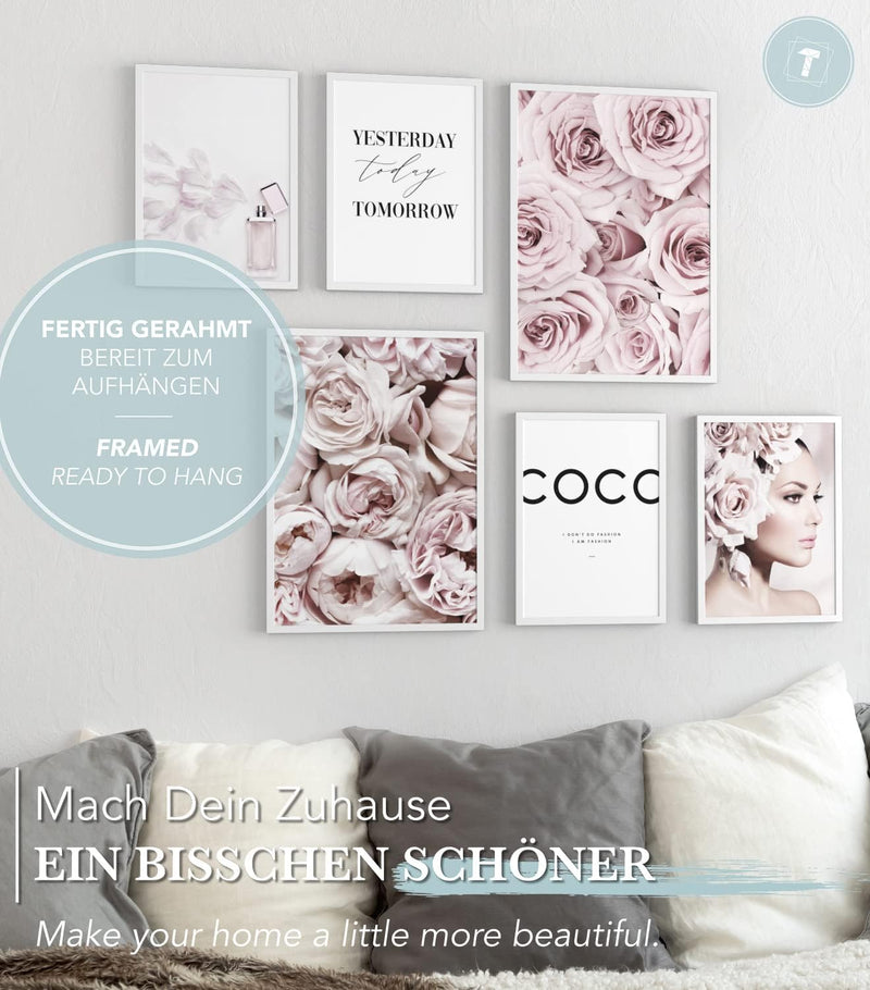 Papierschmiede® Mood Poster Set Coco Flowers, Fertiges Bilder Set mit Rahmen (Holz, weiss), Wohnzimm