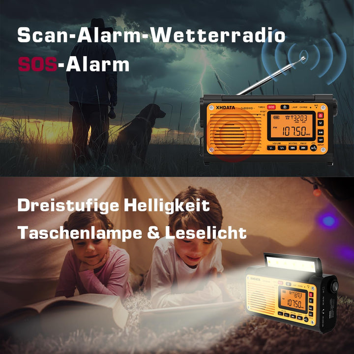 XHDATA D608WB Tragbares Notfall Radio mit Kurbel Solarradio mit Kurbel 3000mAh Akku Wiederaufladbare