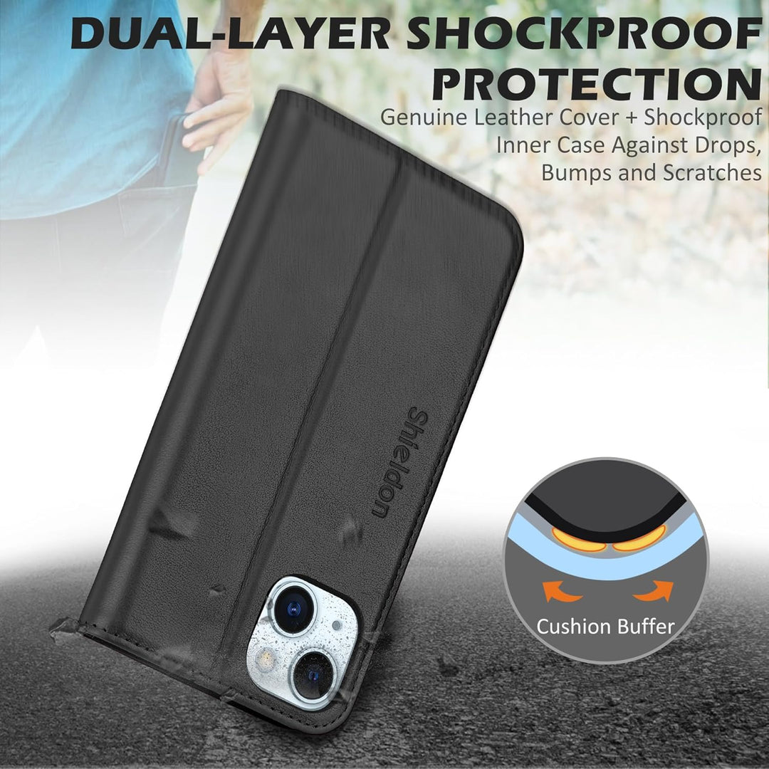SHIELDON Hülle für iPhone 15 Plus, 5G Handyhülle [Echtleder] [Kartenfach] [Magnet] [Standfunktion] [