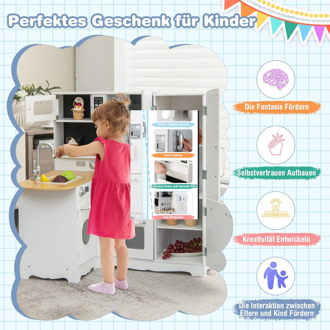 COSTWAY Kinderküche mit Zubehör, Eck Spielküche Holz inkl. Kühlschrank Wasserhahn Spüle Herd Telefon
