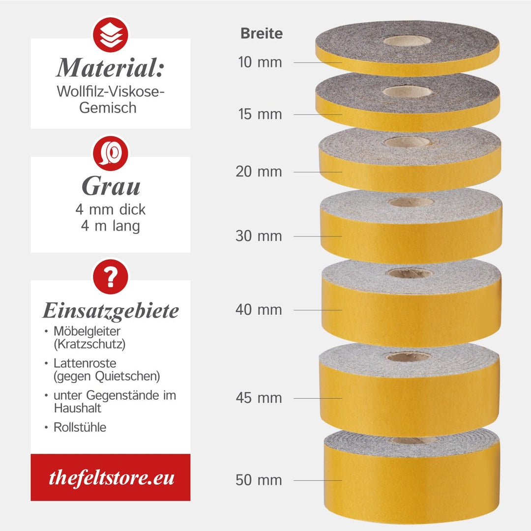 The Felt Store Filzband selbstklebend, 30mm breit, 4mm stark, 4m lang, Grau meliert, Klapperschutz,