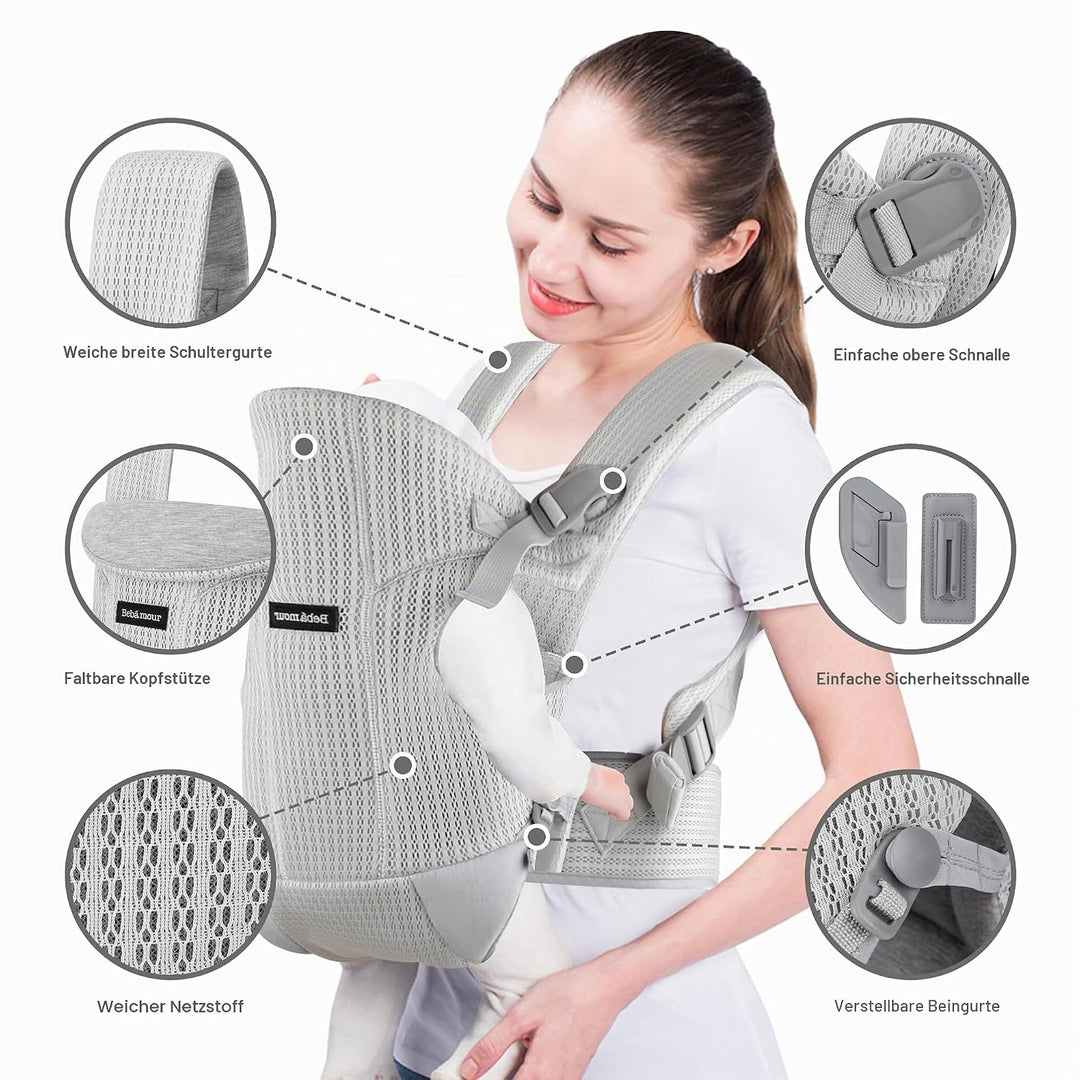 Bebamour Babytrage Vorder und Rückentrage mit 2 Schulterlätzchen,Light Grey, Light Grey