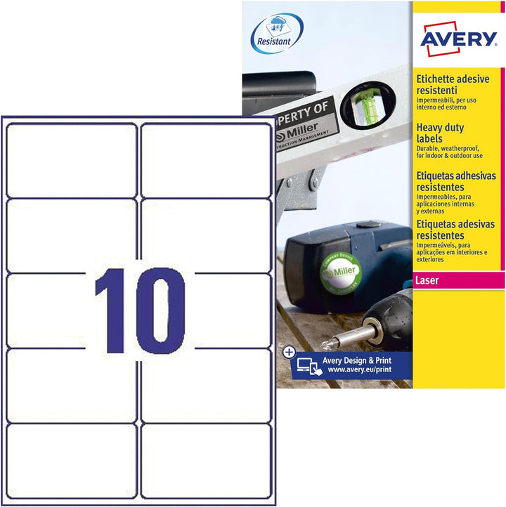 Avery L7992-25 Wetterfeste Versandetiketten (10 Stück pro Blatt, 99,1 x 57 mm) 250 Etiketten weiss