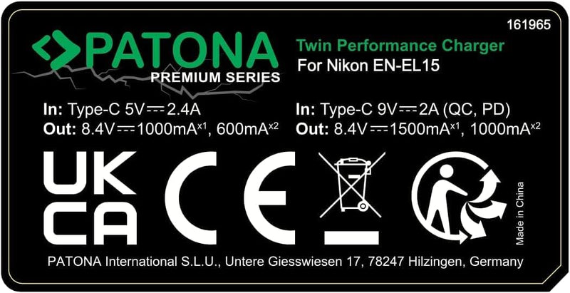 PATONA V1 Protect 2X Akku EN-EL15c (2250 mAh) inkl. NTC-Sensor und V1 Gehäuse - mit PD Performance U