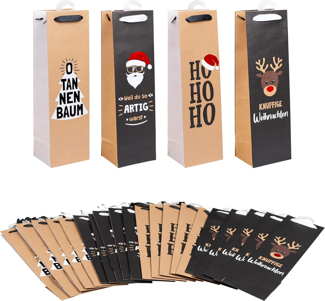 HEKU Weihnachts-Flaschentaschen mit Hotfoil-Veredelung und Prägung, 24 Stück I X-mas Nature Trend mi