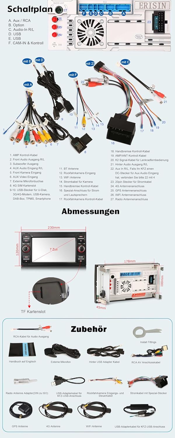 Erisin Android 14 Acht-Kern Autoradio 4GB+64GB Für Ford Focus C-Max S-Max Galaxy Kuga Fiesta Transit