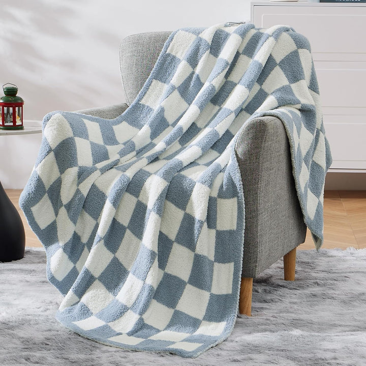 WRENSONGE Karierte Überwurfdecke, grau-Blaue Mikrofaser, weich, gemütlich, flauschig, warm, handgefe