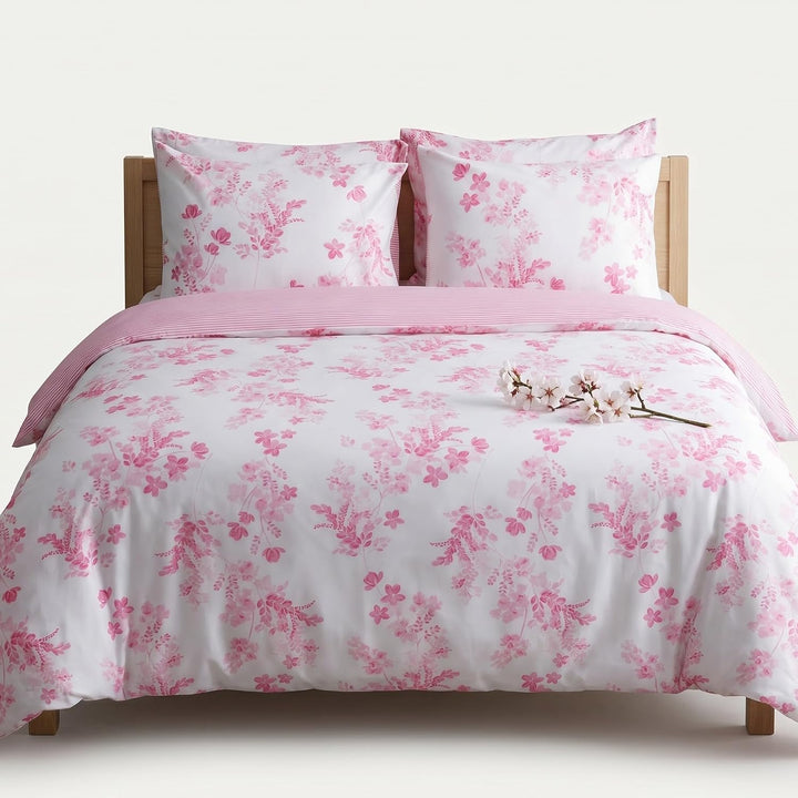 LERUUM Bettwäsche-Set 135x200 Baumwolle Reversibel Blumen Streifen Rosa Bettbezug (Rosa 135 x 200 +