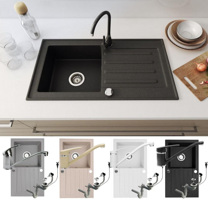 Faizee Möbel Granitspüle 76x44 Küchenspüle Eckig Spülbecken f. Unterschränke ab 45 cm inkl.Siphon Se