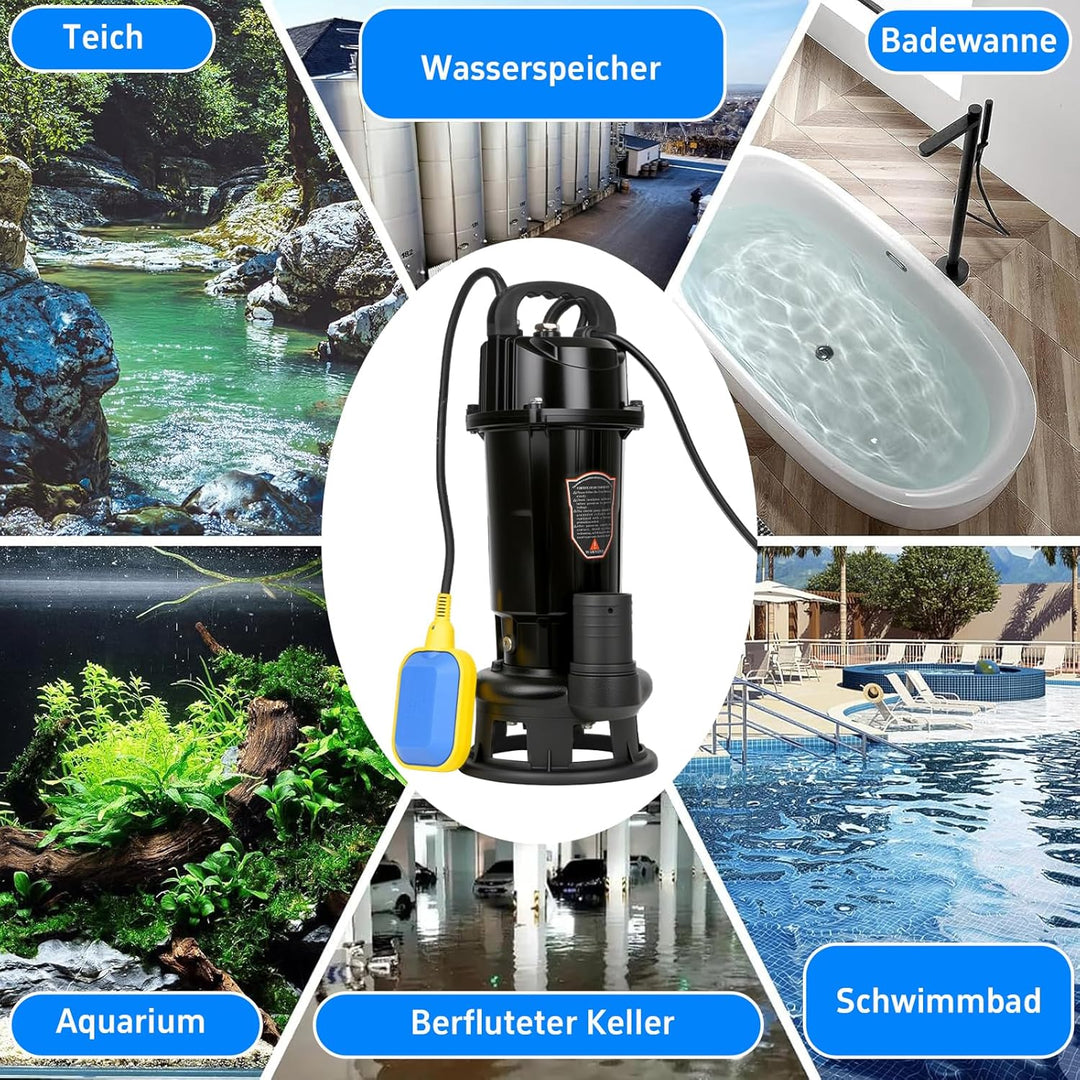 Schmutzwasserpumpe mit integriertem Schwimmerschalter, Abwassertauchpumpe Tauchpumpe 1100W, 10000 L/